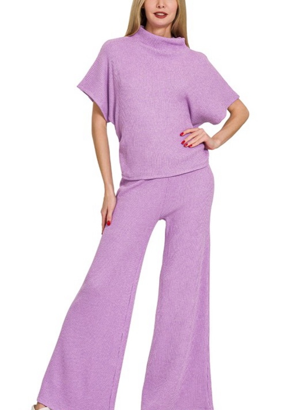 NWT 2pc ZENANA LAVENDER SWEATER MOCK NECK TOP & LONG PANTS SET SOFT COMFY - Picture 5 of 9